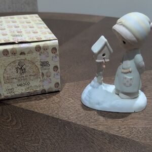 Precious Moments Child with Birdhouse Figurine - Cream and Blue